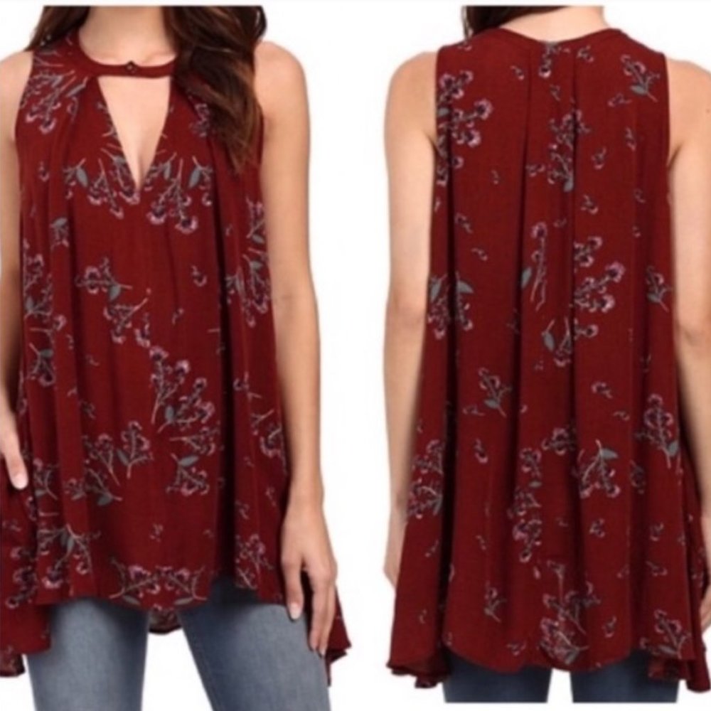 Free People Burgundy Floral Keyhole Tunic
